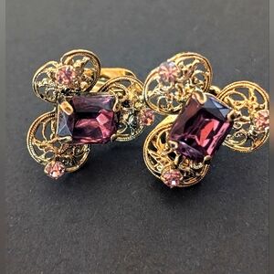 Vintage Amythyst Feligree Gold Tone and‎ Purple Earrings